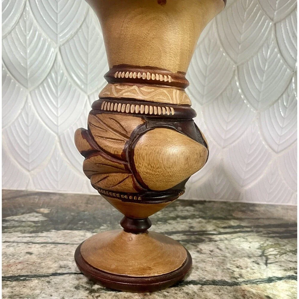 Wood Carved Vase Snake Eating Tail Design
